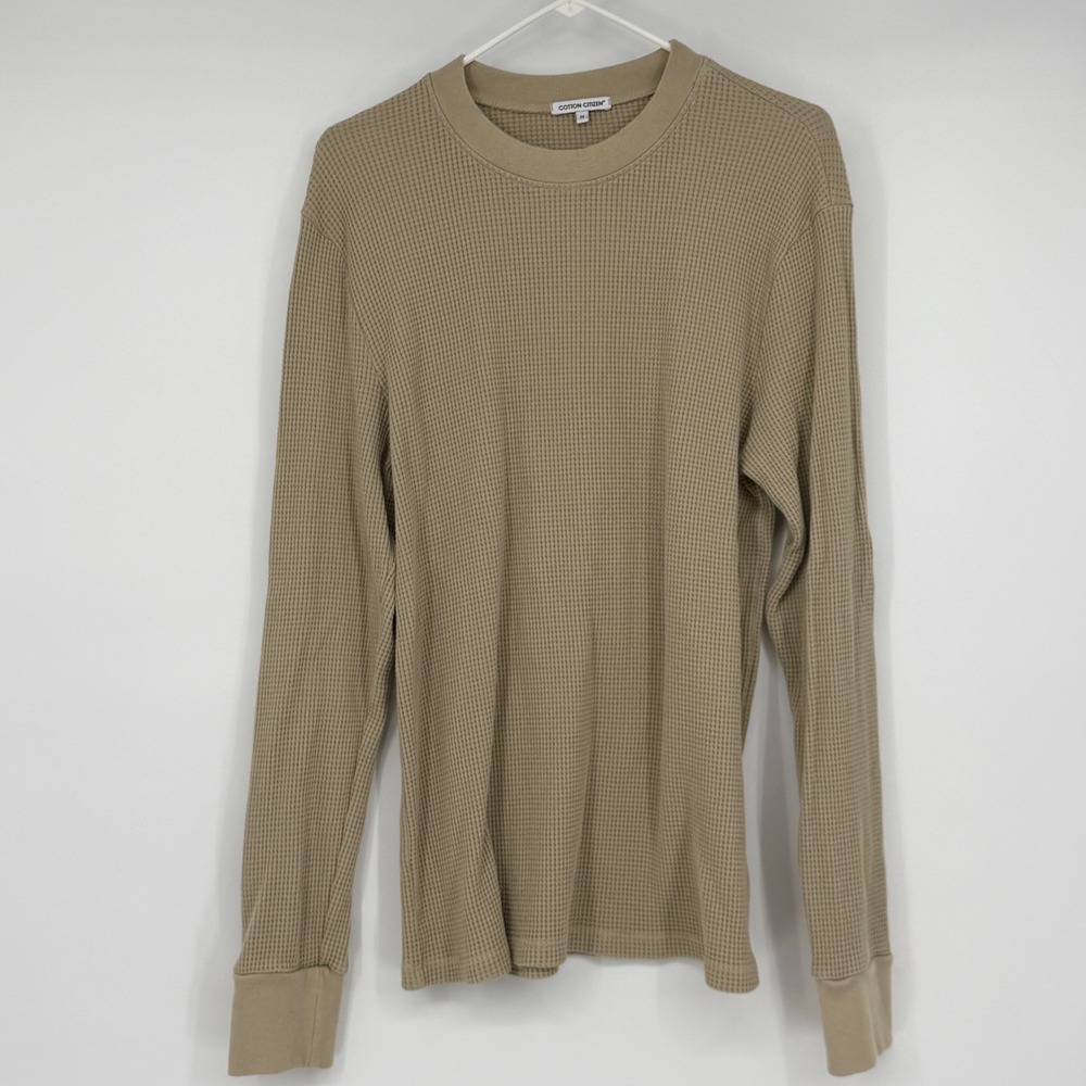 Cotton Citizen Mens Waffle Knit Thermal Long Sleeve Shirt Tan Khaki Size M USA